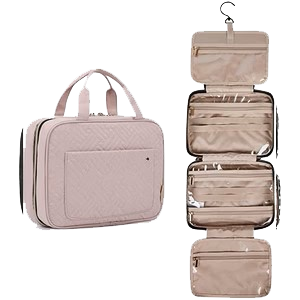 Large Roll Up Hanging Toiletry Bag For Women, Pastel Pink Makeup Travel Organizer with S Hook for Cosmetics, Hair Accessories, Razors (13x4.5x9.75 In), Pastel pink