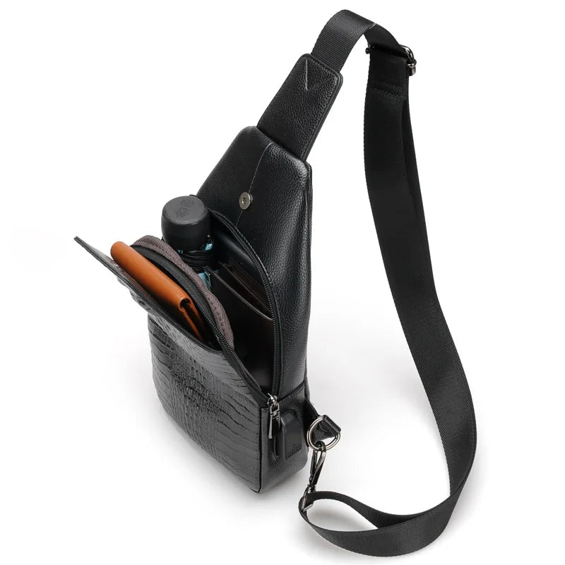 Crocodile Leather Sling Bag, 3-Zipper Crossbody for Travel & Everyday Use