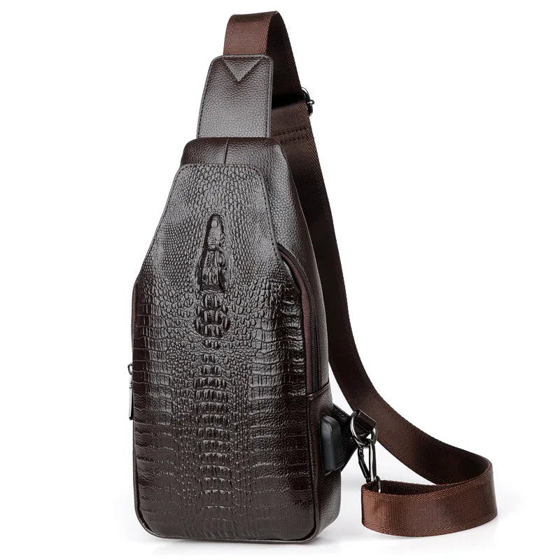 Crocodile Leather Sling Bag, 3-Zipper Crossbody for Travel & Everyday Use