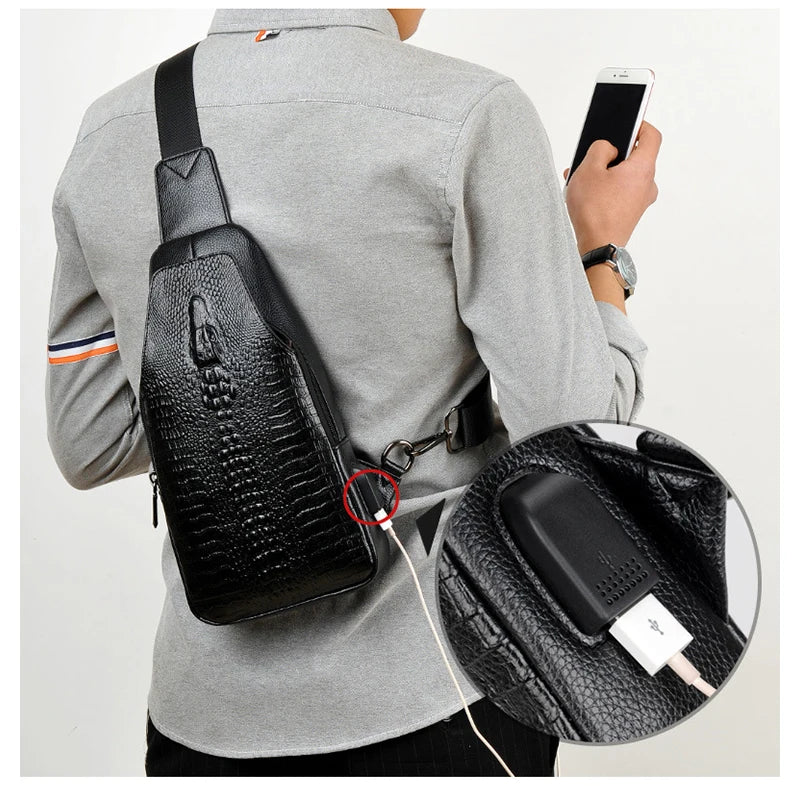 Crocodile Leather Sling Bag, 3-Zipper Crossbody for Travel & Everyday Use