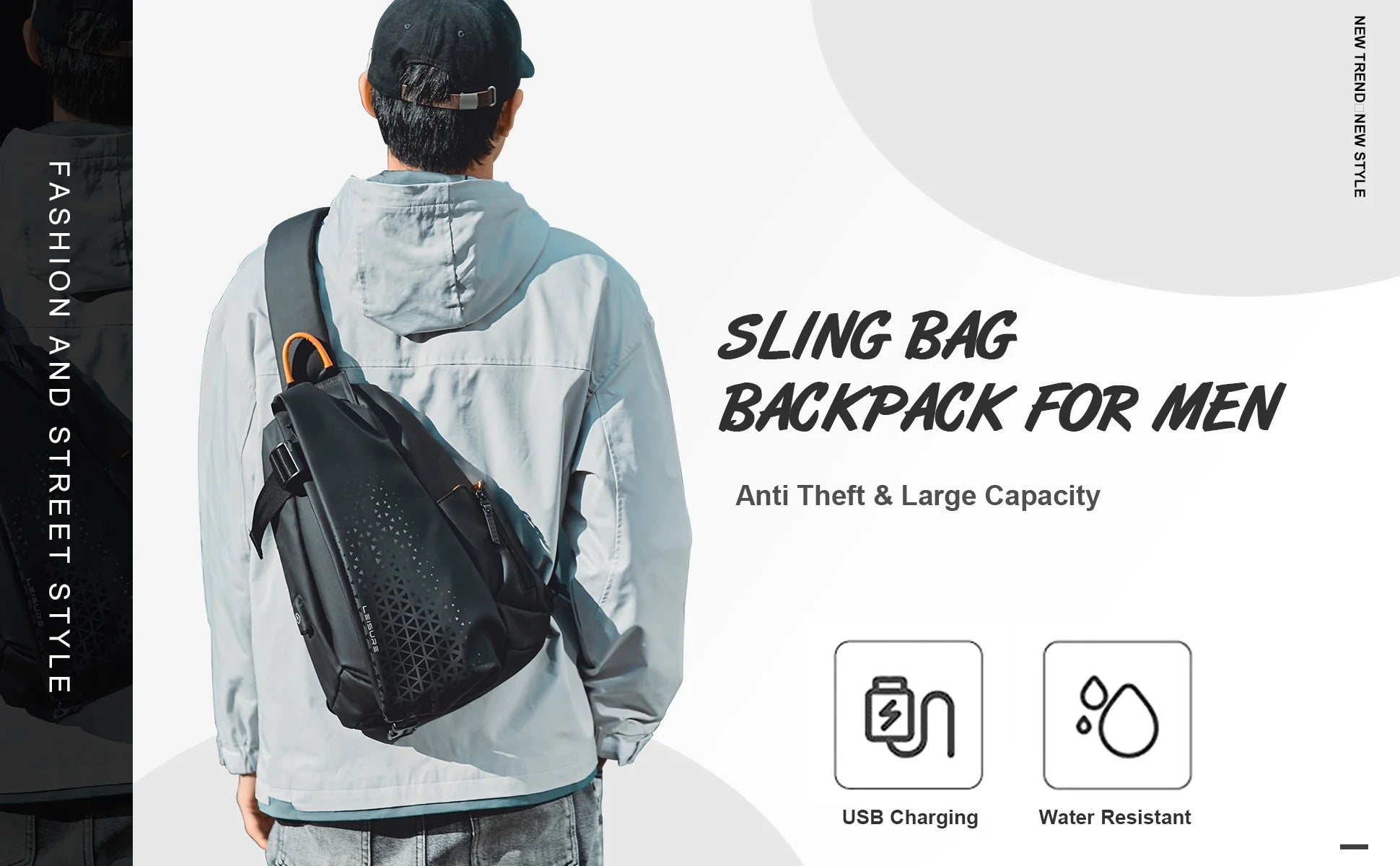 Sling Crossbody Bag for Men, Waterproof Chest Bags, Lightweight Sling Backpack with USB Charging Port, Bag for Workout Travel