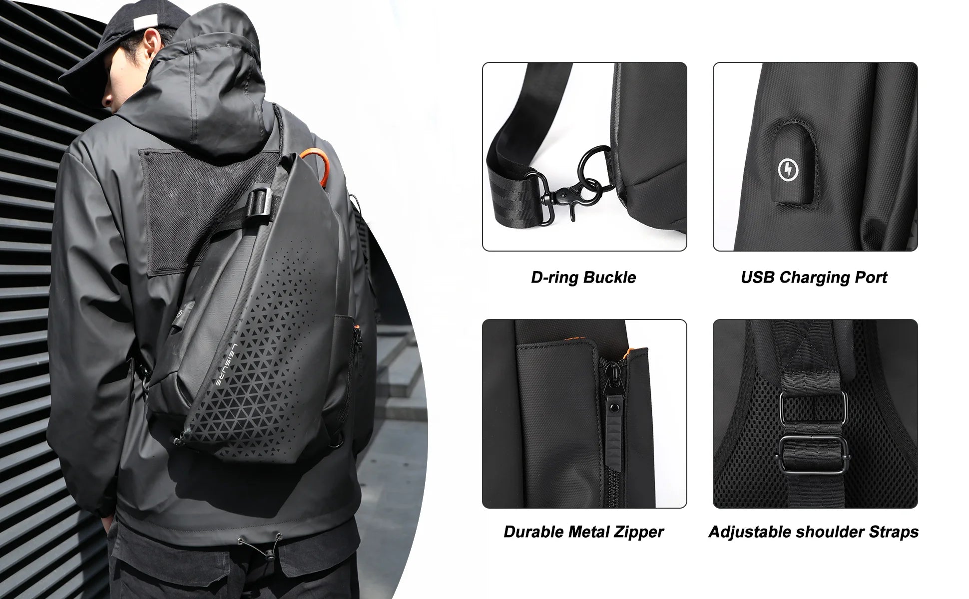 Sling Crossbody Bag for Men, Waterproof Chest Bags, Lightweight Sling Backpack with USB Charging Port, Bag for Workout Travel