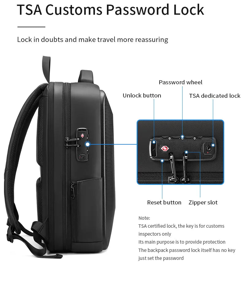 Men's 15.6 inch Laptop Backpack Expandable Travel Bag Waterproof Anti-theft Business Backpack USB Charging ABS Hard Shell Bag
