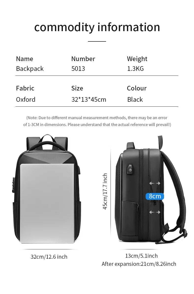 Men's 15.6 inch Laptop Backpack Expandable Travel Bag Waterproof Anti-theft Business Backpack USB Charging ABS Hard Shell Bag