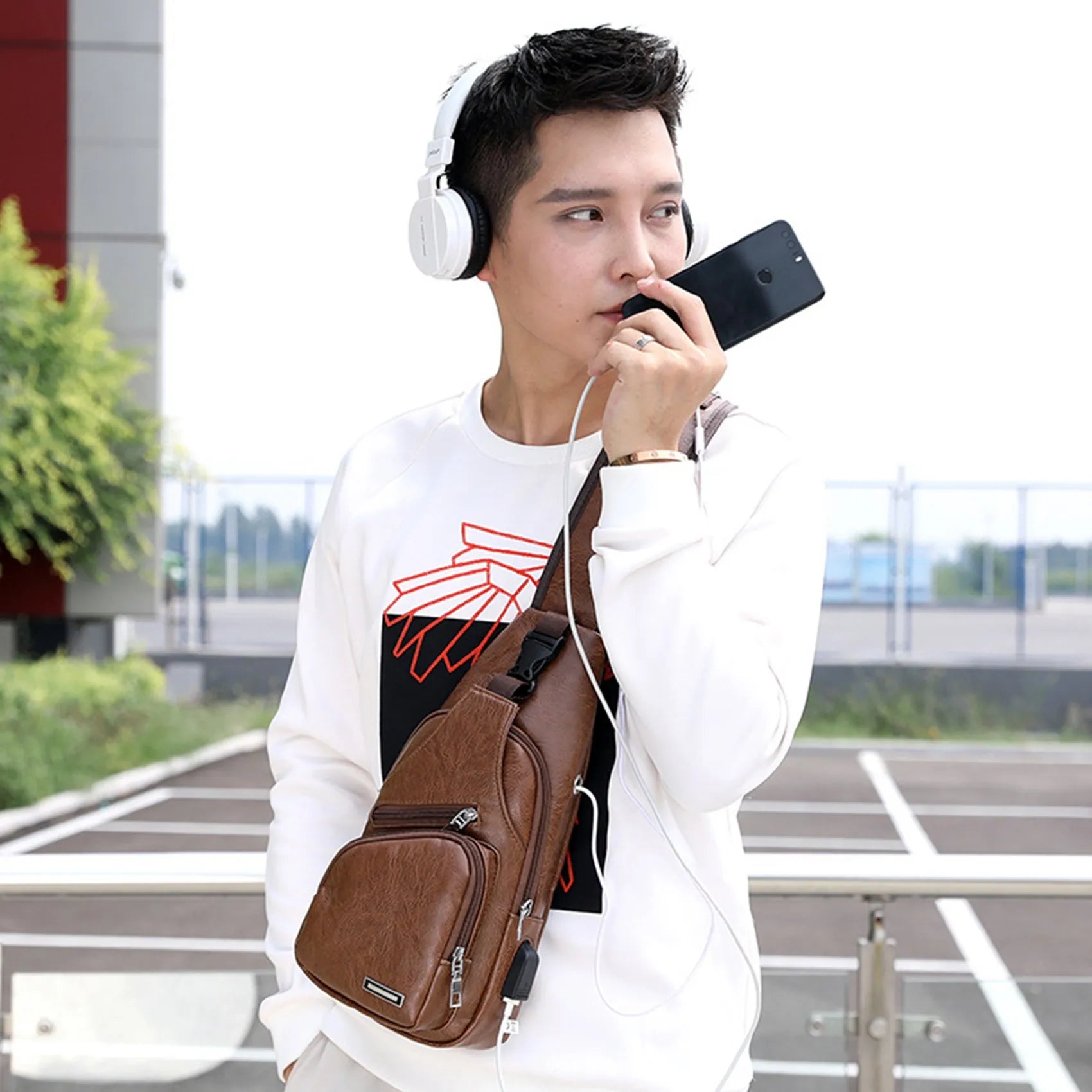 Men's Shoulder Bag, USB Charging Crossbody Anti-Theft Chest Bag for Short Trips