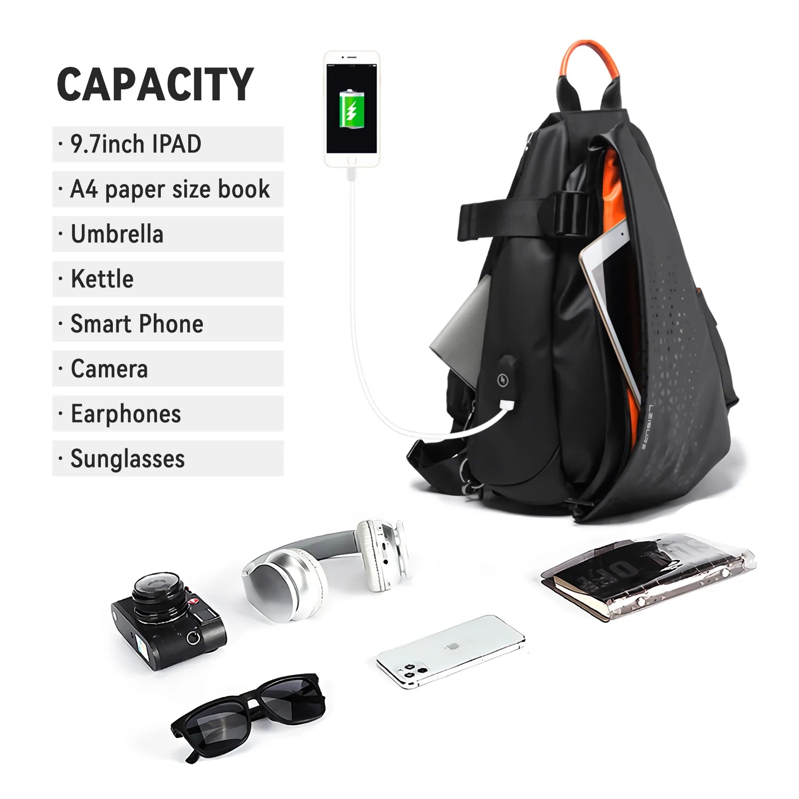 Sling Crossbody Bag for Men, Waterproof Chest Bags, Lightweight Sling Backpack with USB Charging Port, Bag for Workout Travel