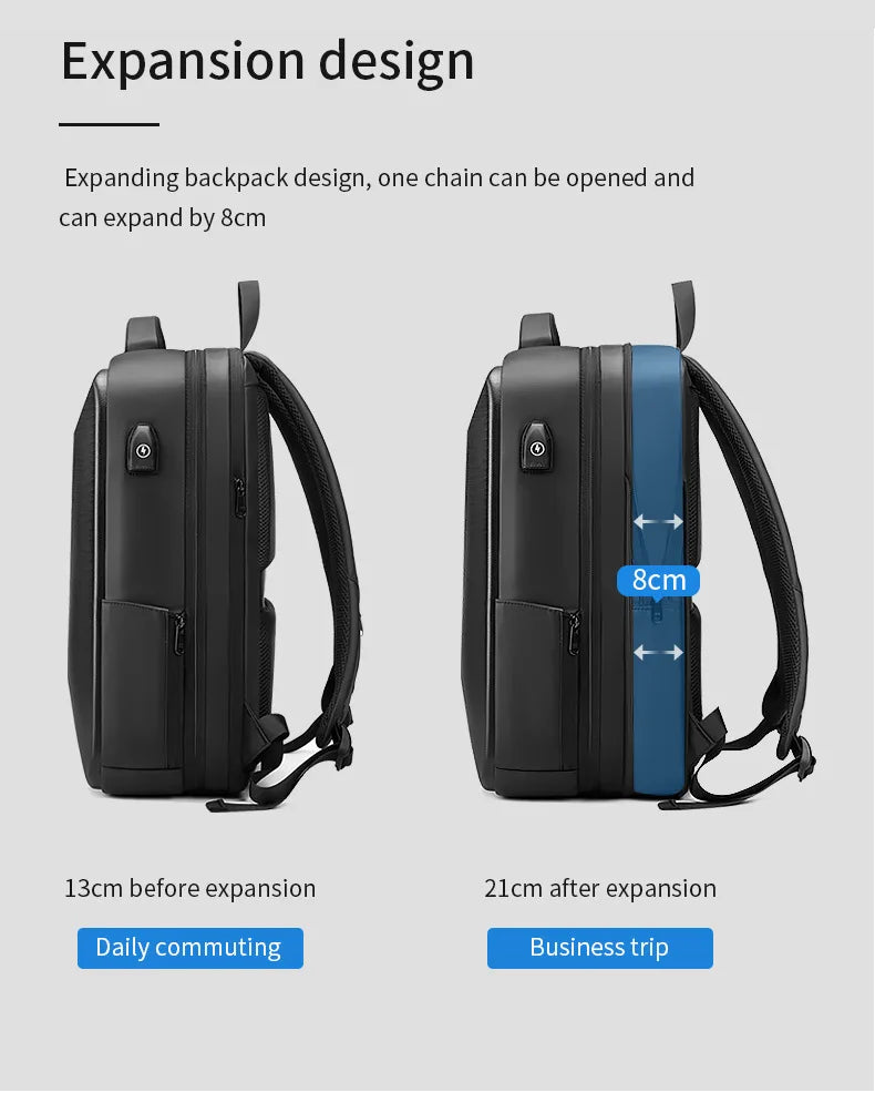 Men's 15.6 inch Laptop Backpack Expandable Travel Bag Waterproof Anti-theft Business Backpack USB Charging ABS Hard Shell Bag