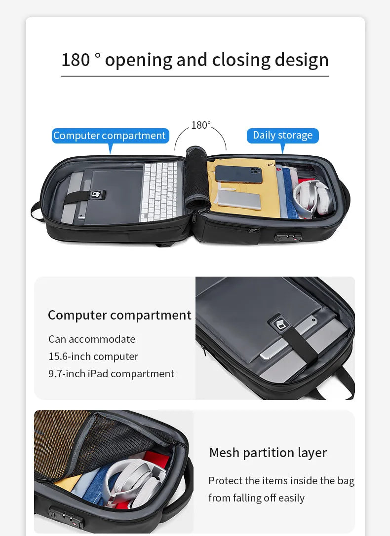 Men's 15.6 inch Laptop Backpack Expandable Travel Bag Waterproof Anti-theft Business Backpack USB Charging ABS Hard Shell Bag