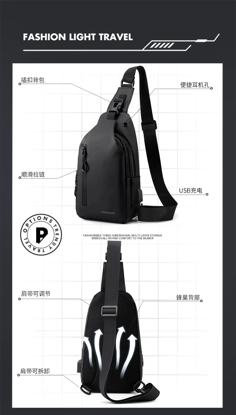 Men’s Waterproof Nylon Crossbody Chest Bag – Casual Anti-Splash Shoulder Sling Backpack