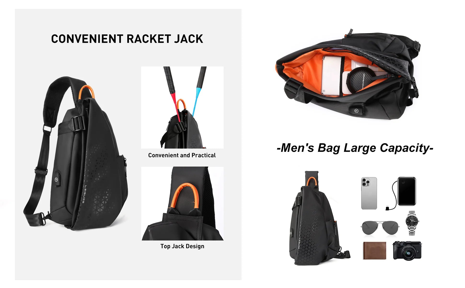 Sling Crossbody Bag for Men, Waterproof Chest Bags, Lightweight Sling Backpack with USB Charging Port, Bag for Workout Travel