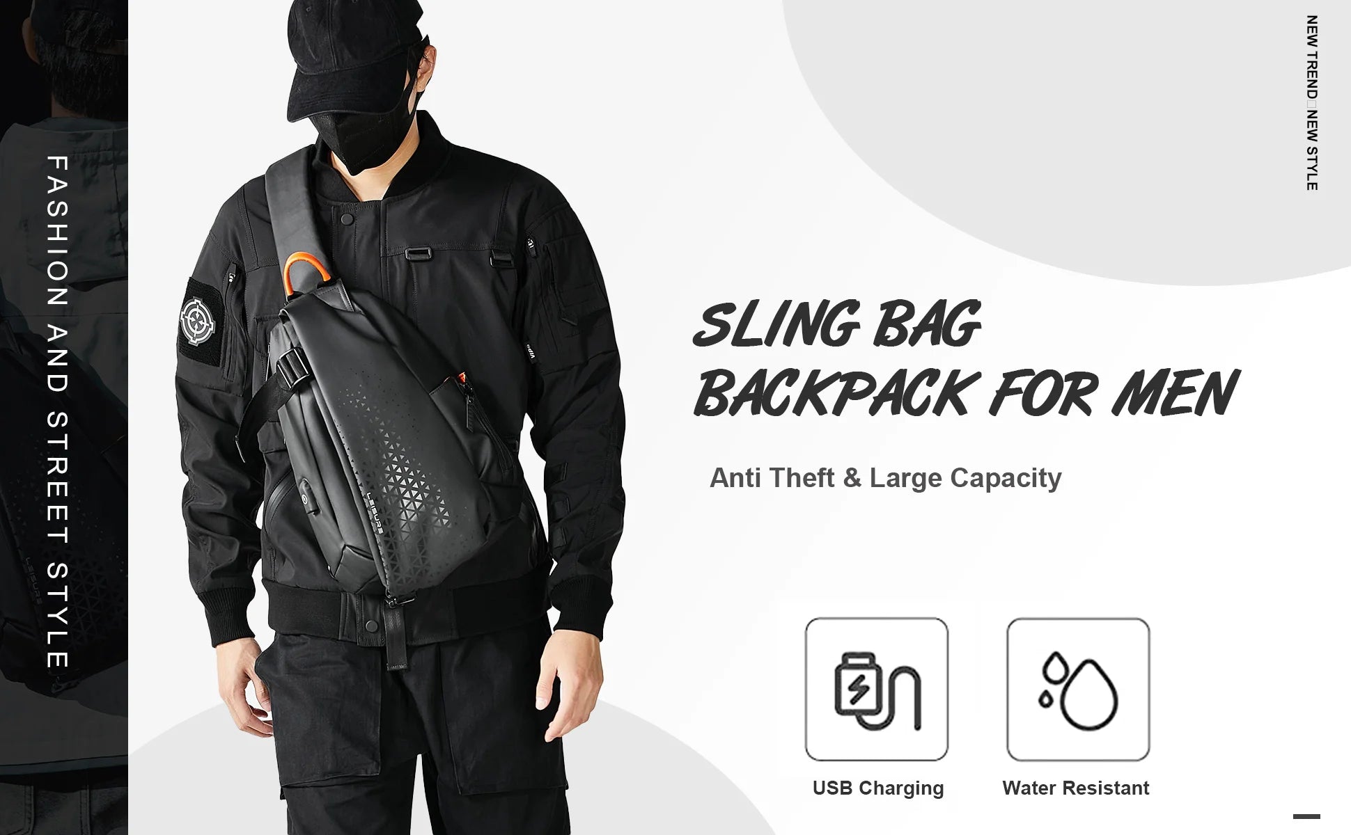 Sling Crossbody Bag for Men, Waterproof Chest Bags, Lightweight Sling Backpack with USB Charging Port, Bag for Workout Travel