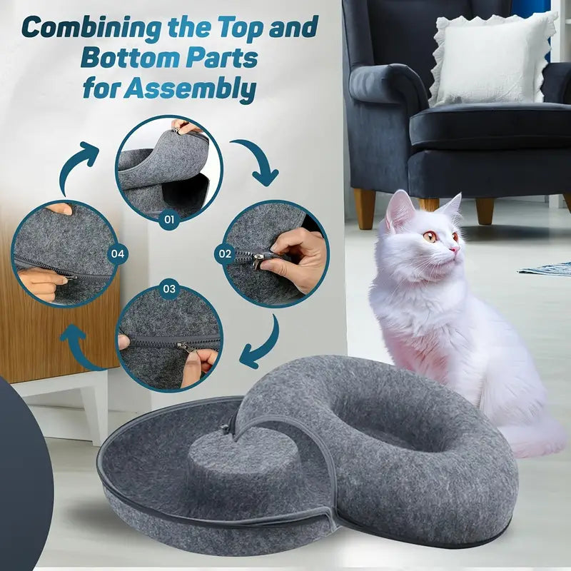 Donut Cat Bed & Interactive Tunnel - Pet Felt House and Kitten Training Toy