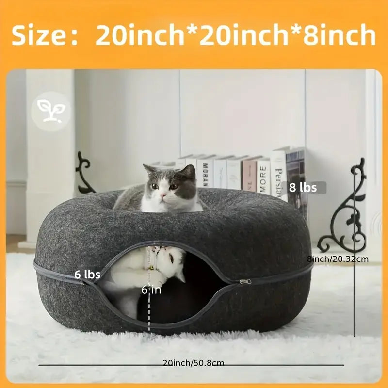 Donut Cat Bed & Interactive Tunnel - Pet Felt House and Kitten Training Toy