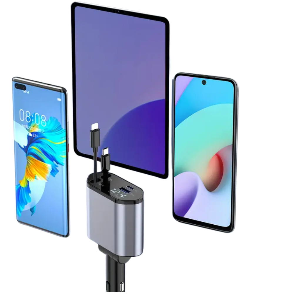 4-in-1 100W PD Car Charger with Retractable Cables