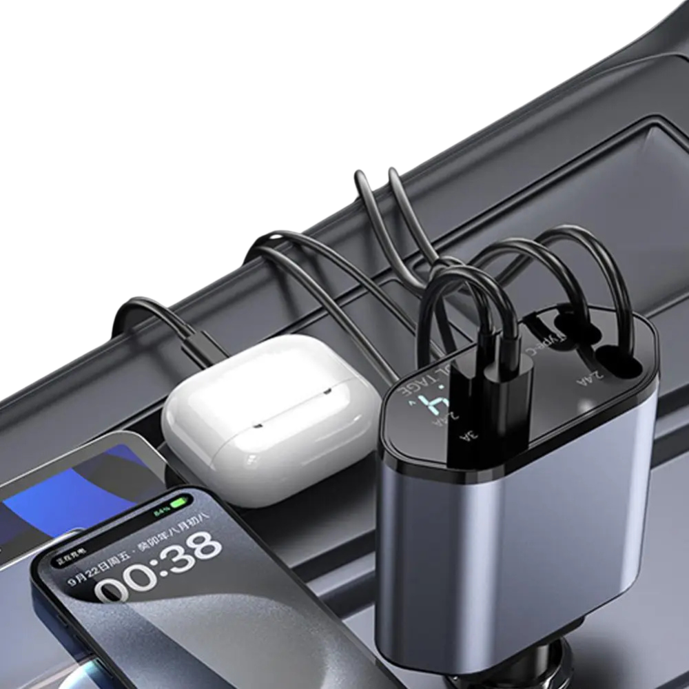 4-in-1 100W PD Car Charger with Retractable Cables