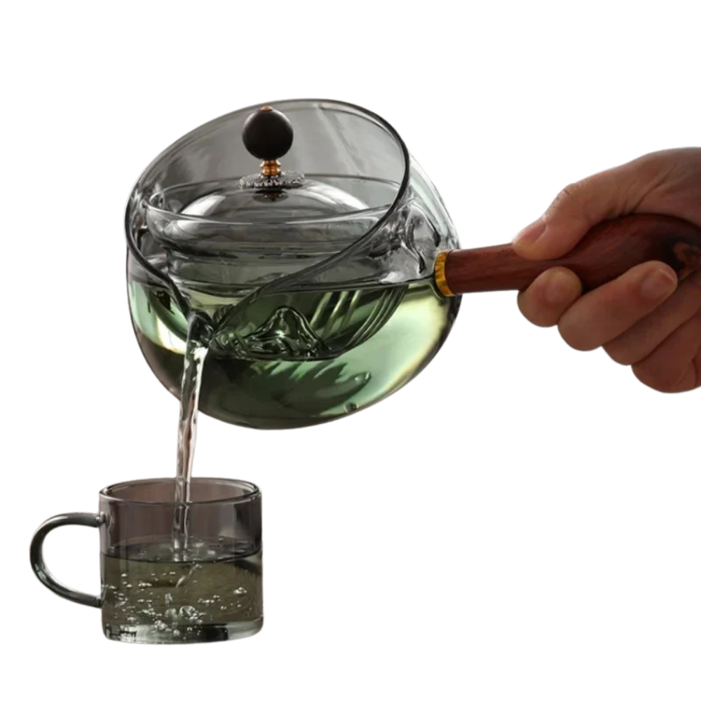 360° Rotary Glass Teapot with Wooden Handle – Heat-Resistant Tea Maker