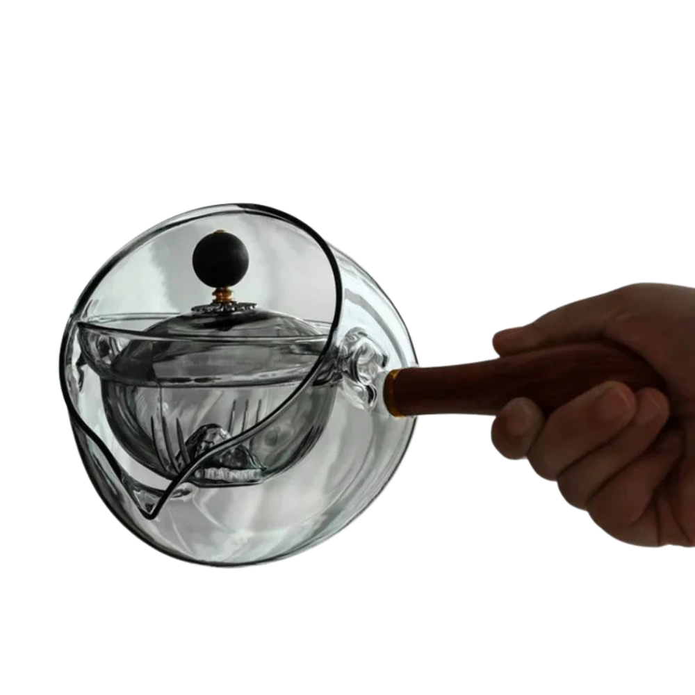 360° Rotary Glass Teapot with Wooden Handle – Heat-Resistant Tea Maker