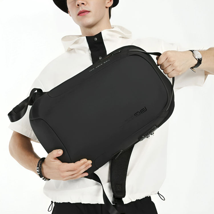 Backpack worn by male model in business casual