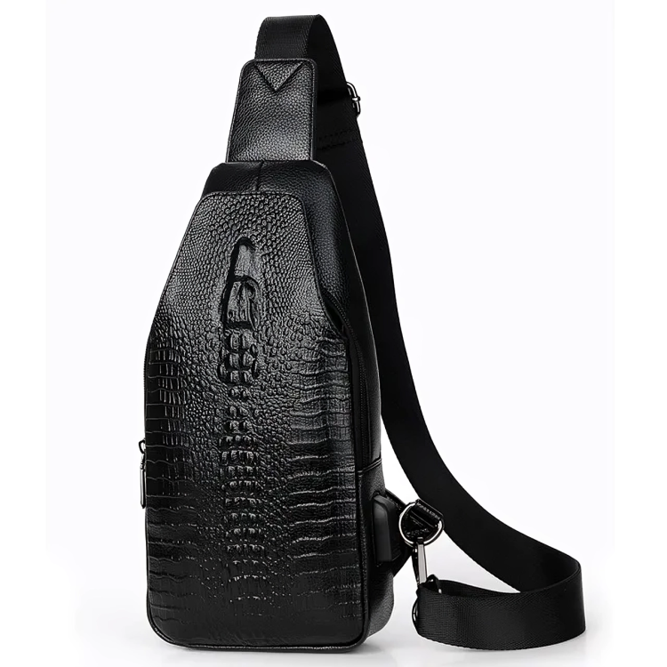 Crocodile Leather Sling Bag with Leather Strap, 3 Zipper Crossbody Shoulder Bags for Travel Hike Everyday Carry