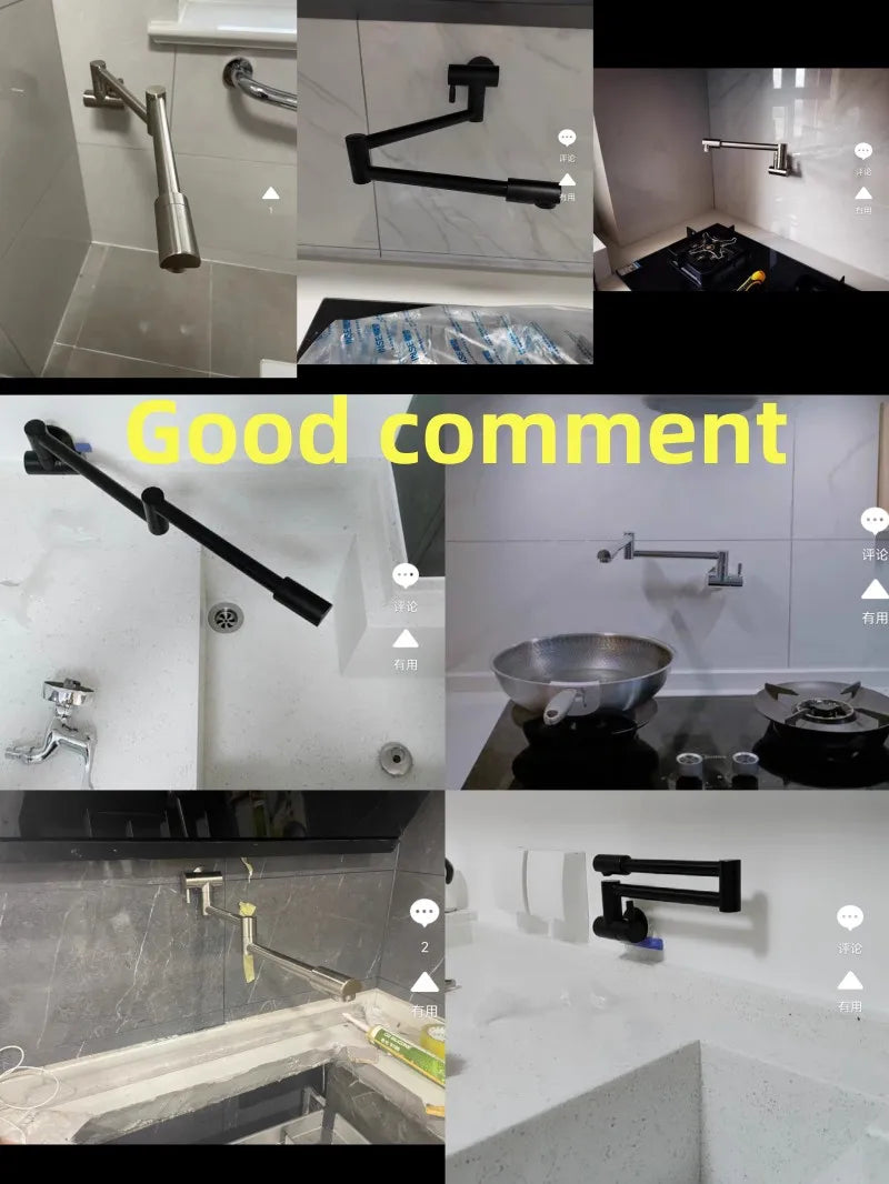Brass Wall Mount Kitchen Faucet - Single Cold, Rotate & Fold