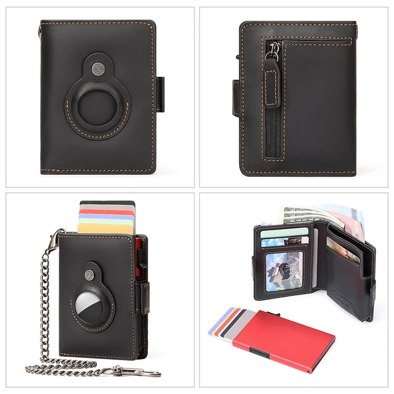 Retro Genuine Leather Airtag Wallet with RFID Blocking