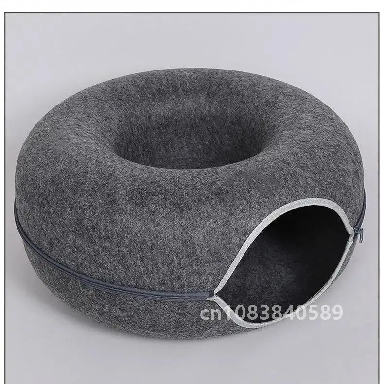 Donut Cat Bed & Interactive Tunnel - Pet Felt House and Kitten Training Toy