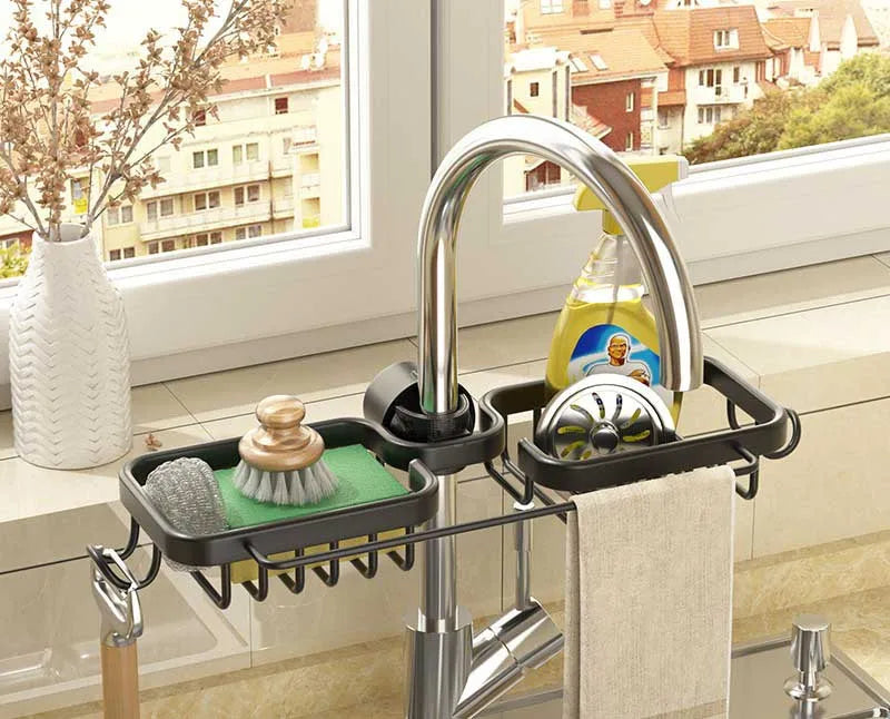 Rust-Proof Kitchen Faucet Drainer Rack & Soap Organizer