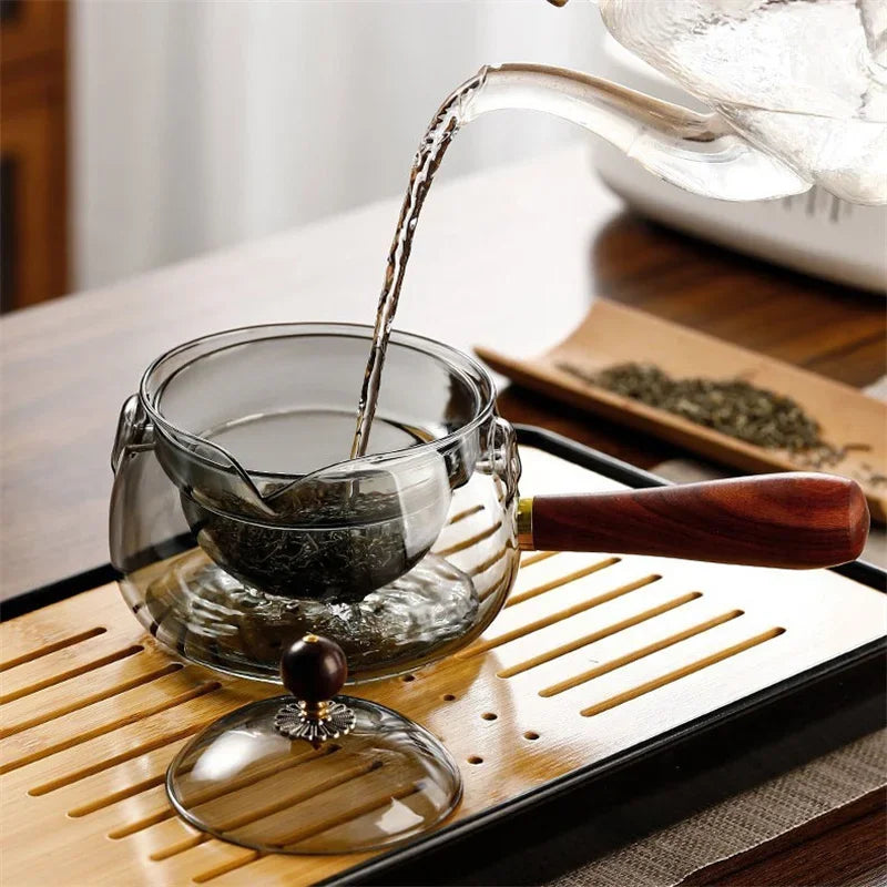 360° Rotary Glass Teapot with Wooden Handle – Heat-Resistant Tea Maker