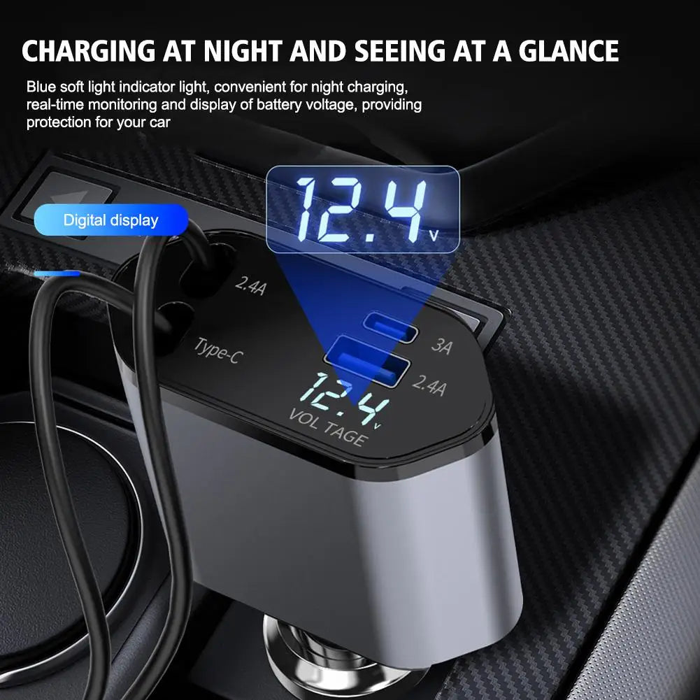 4-in-1 100W PD Car Charger with Retractable Cables