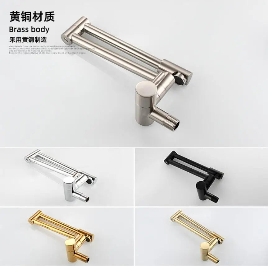 Brass Wall Mount Kitchen Faucet - Single Cold, Rotate & Fold
