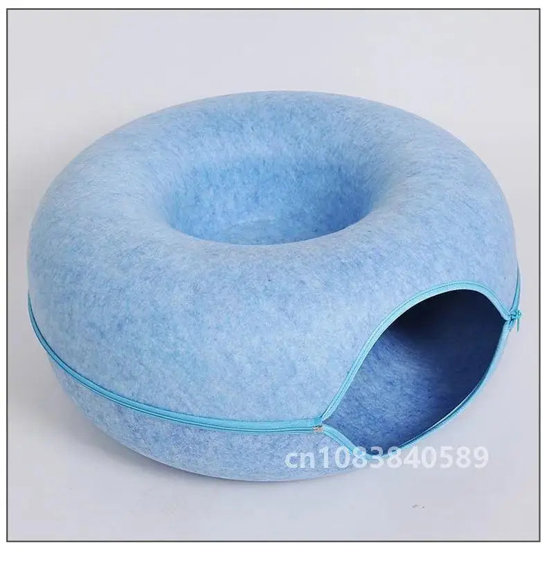 Donut Cat Bed & Interactive Tunnel - Pet Felt House and Kitten Training Toy