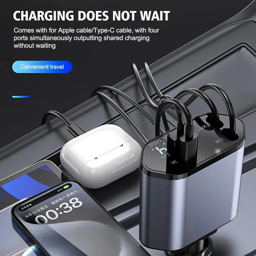 4-in-1 100W PD Car Charger with Retractable Cables