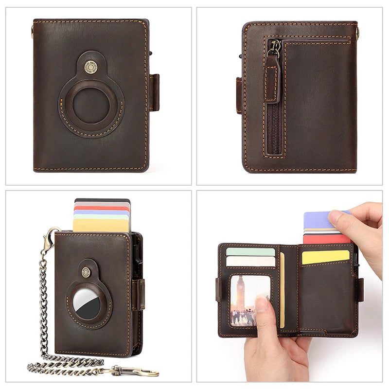 Retro Genuine Leather Airtag Wallet with RFID Blocking