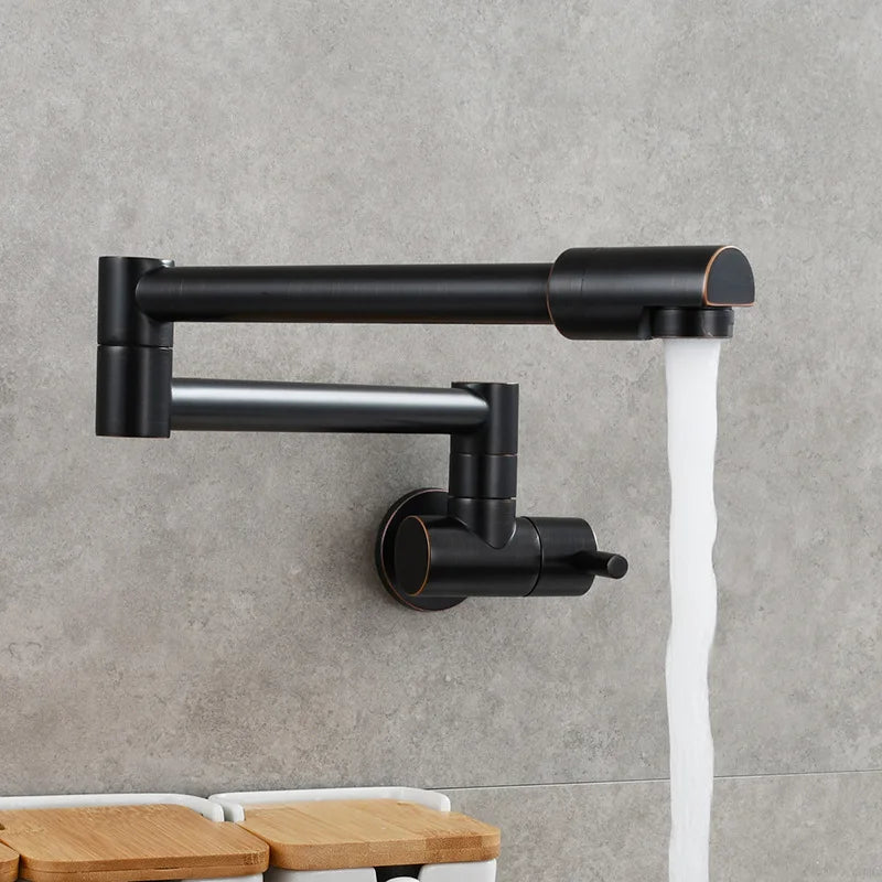 Brass Wall Mount Kitchen Faucet - Single Cold, Rotate & Fold