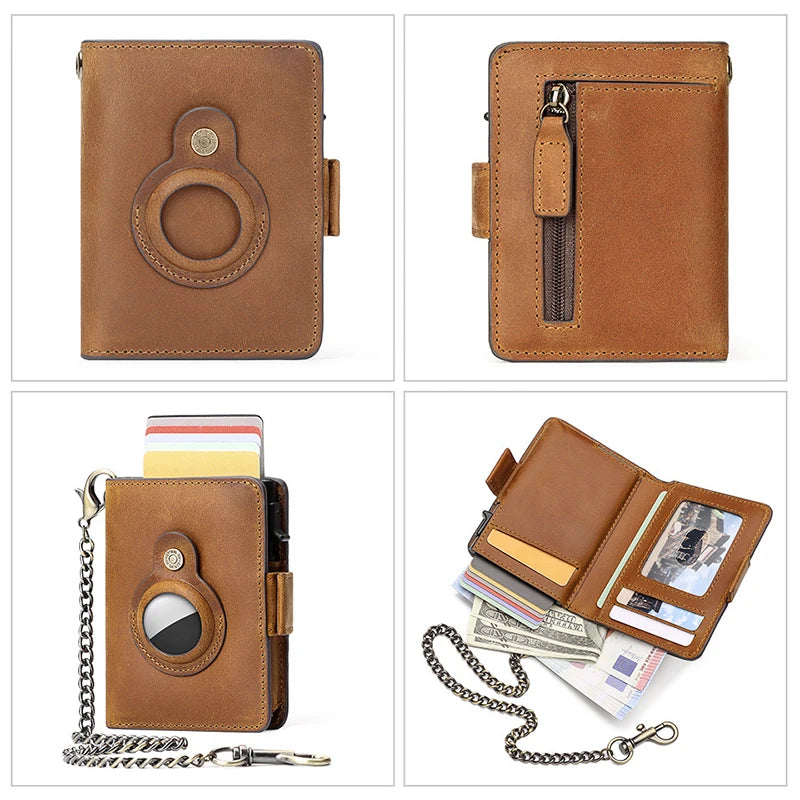 Retro Genuine Leather Airtag Wallet with RFID Blocking