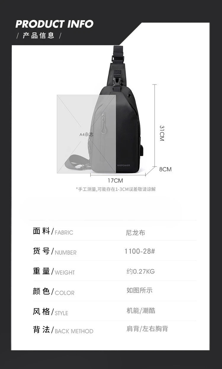 Men’s Waterproof Nylon Crossbody Chest Bag – Casual Anti-Splash Shoulder Sling Backpack