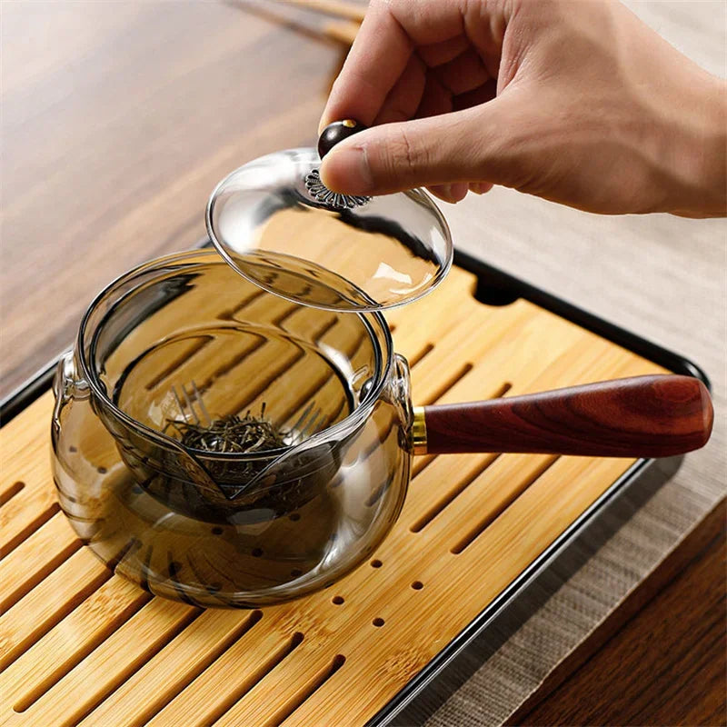 360° Rotary Glass Teapot with Wooden Handle – Heat-Resistant Tea Maker