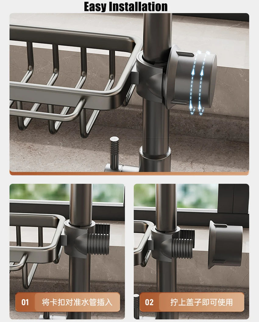 Rust-Proof Kitchen Faucet Drainer Rack & Soap Organizer