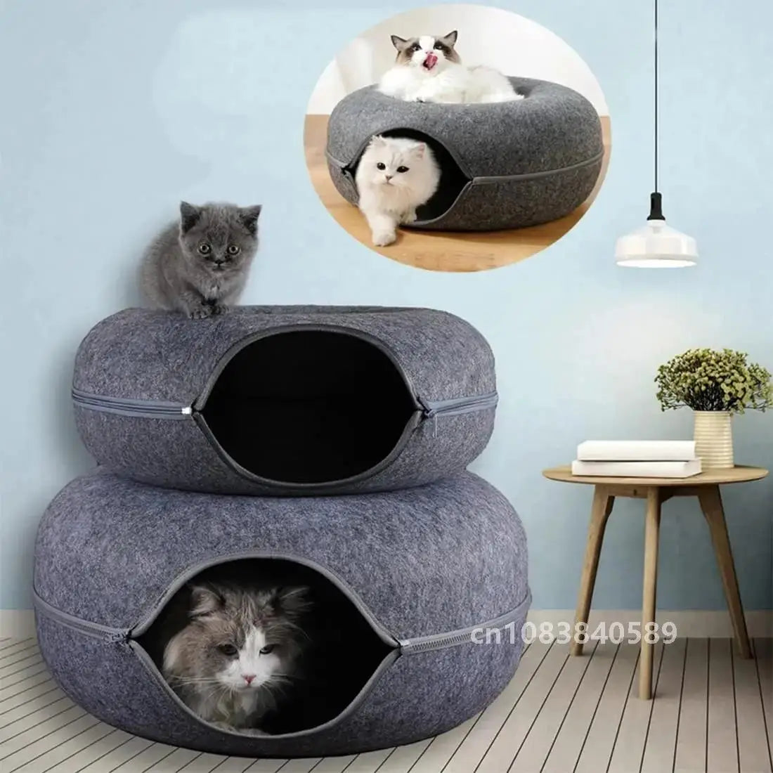 Donut Cat Bed & Interactive Tunnel - Pet Felt House and Kitten Training Toy