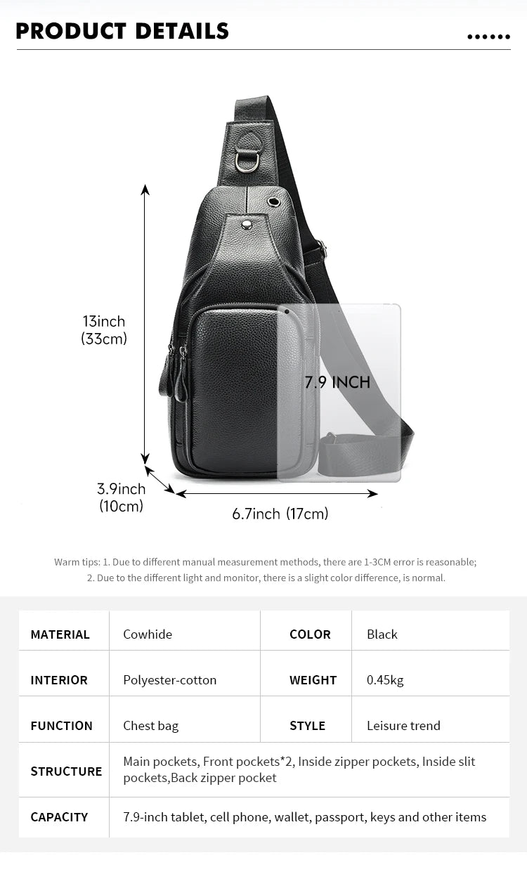 WESTAL Leather Chest Bag Men's Premium Layer Cowhide Chest Cross Bag Trend Shoulder Chest Bag