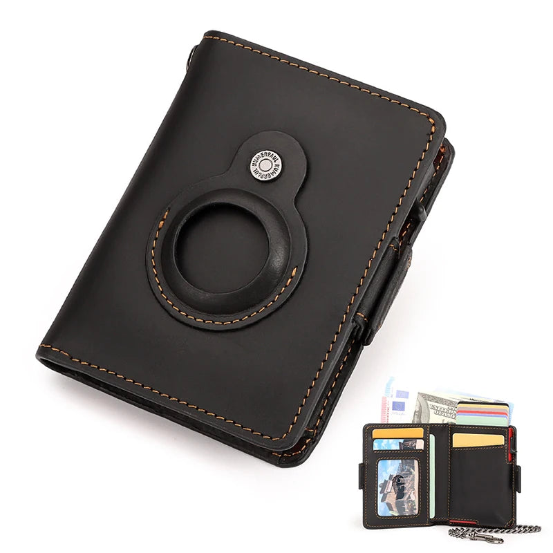 Retro Genuine Leather Airtag Wallet with RFID Blocking