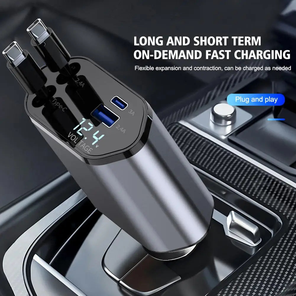 4-in-1 100W PD Car Charger with Retractable Cables