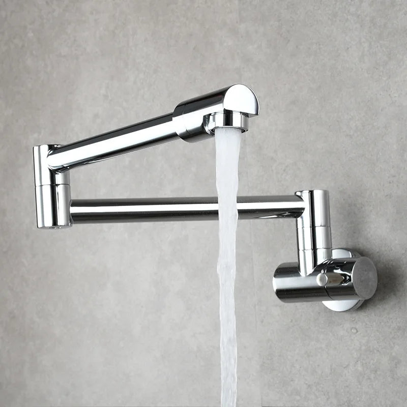 Brass Wall Mount Kitchen Faucet - Single Cold, Rotate & Fold