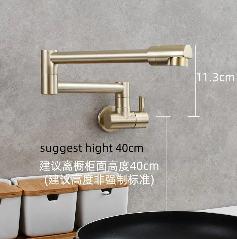 Brass Wall Mount Kitchen Faucet - Single Cold, Rotate & Fold