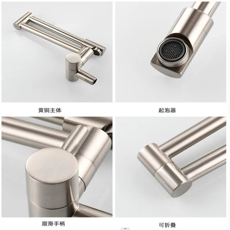 Brass Wall Mount Kitchen Faucet - Single Cold, Rotate & Fold