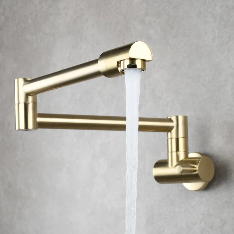 Brass Wall Mount Kitchen Faucet - Single Cold, Rotate & Fold