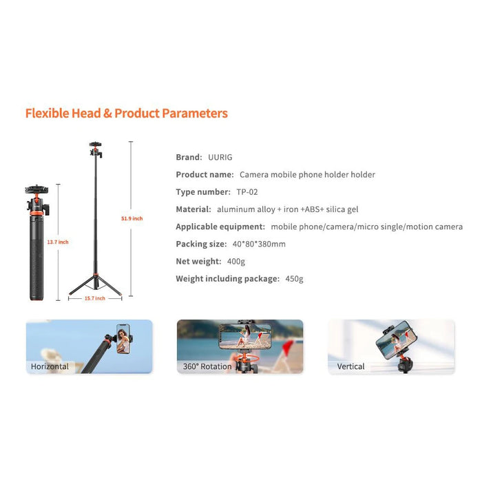 UURIG TP-02 Extendable Selfie Stick Tripod with 360° Ballhead