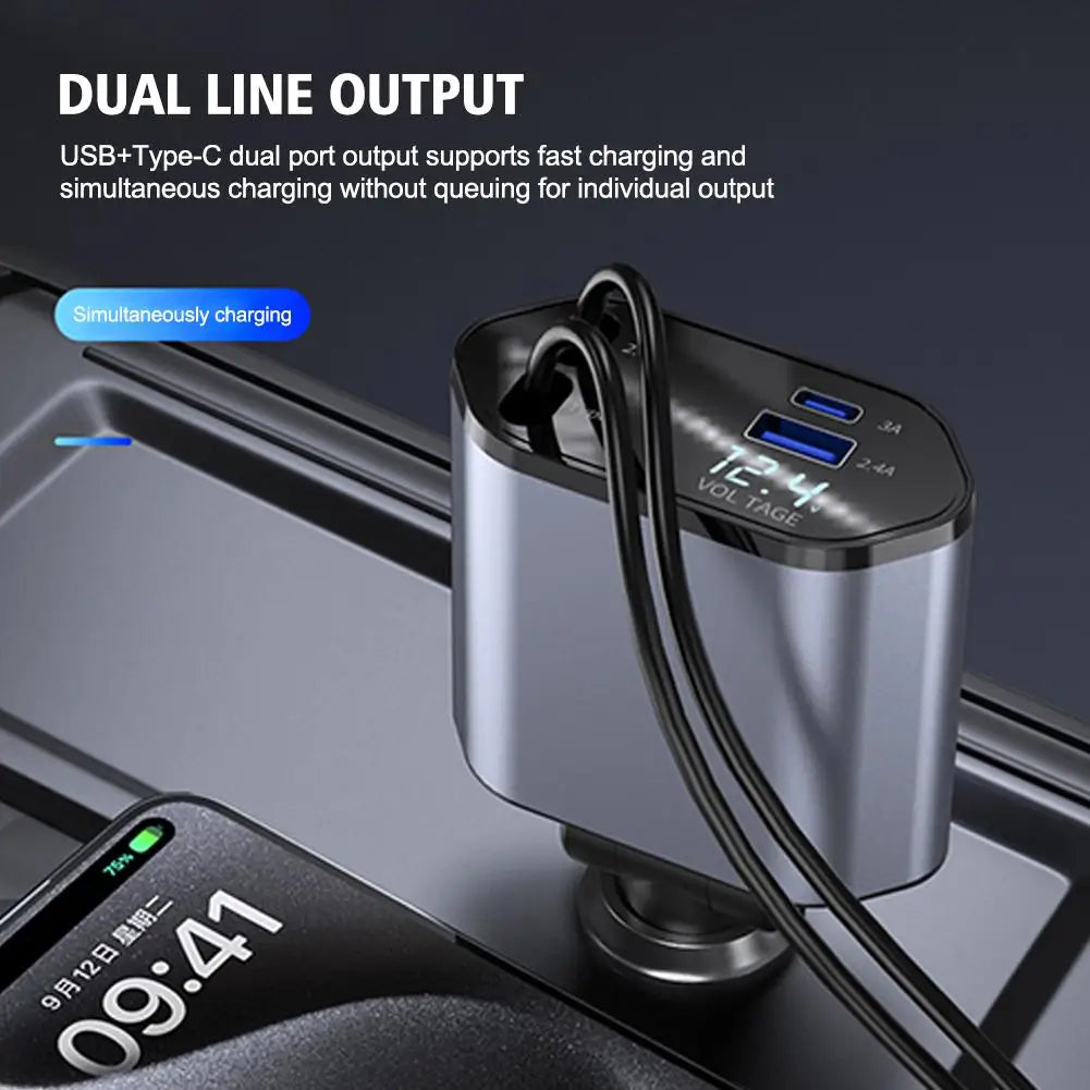 4-in-1 100W PD Car Charger with Retractable Cables