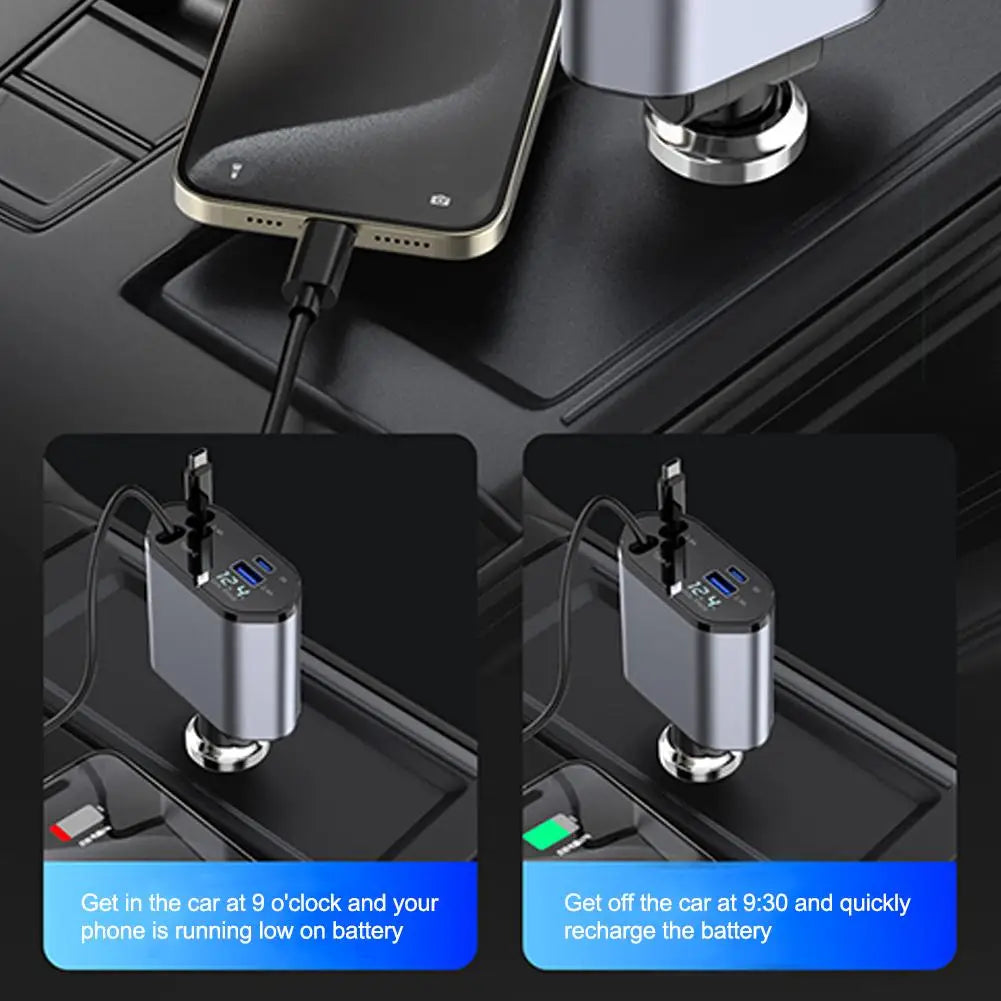 4-in-1 100W PD Car Charger with Retractable Cables