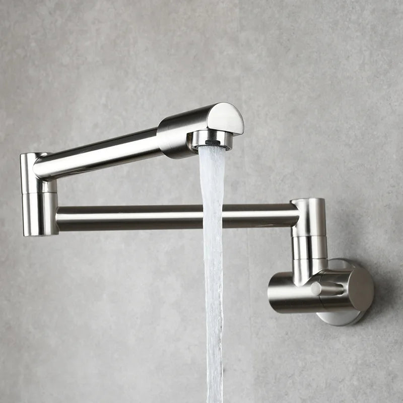 Brass Wall Mount Kitchen Faucet - Single Cold, Rotate & Fold